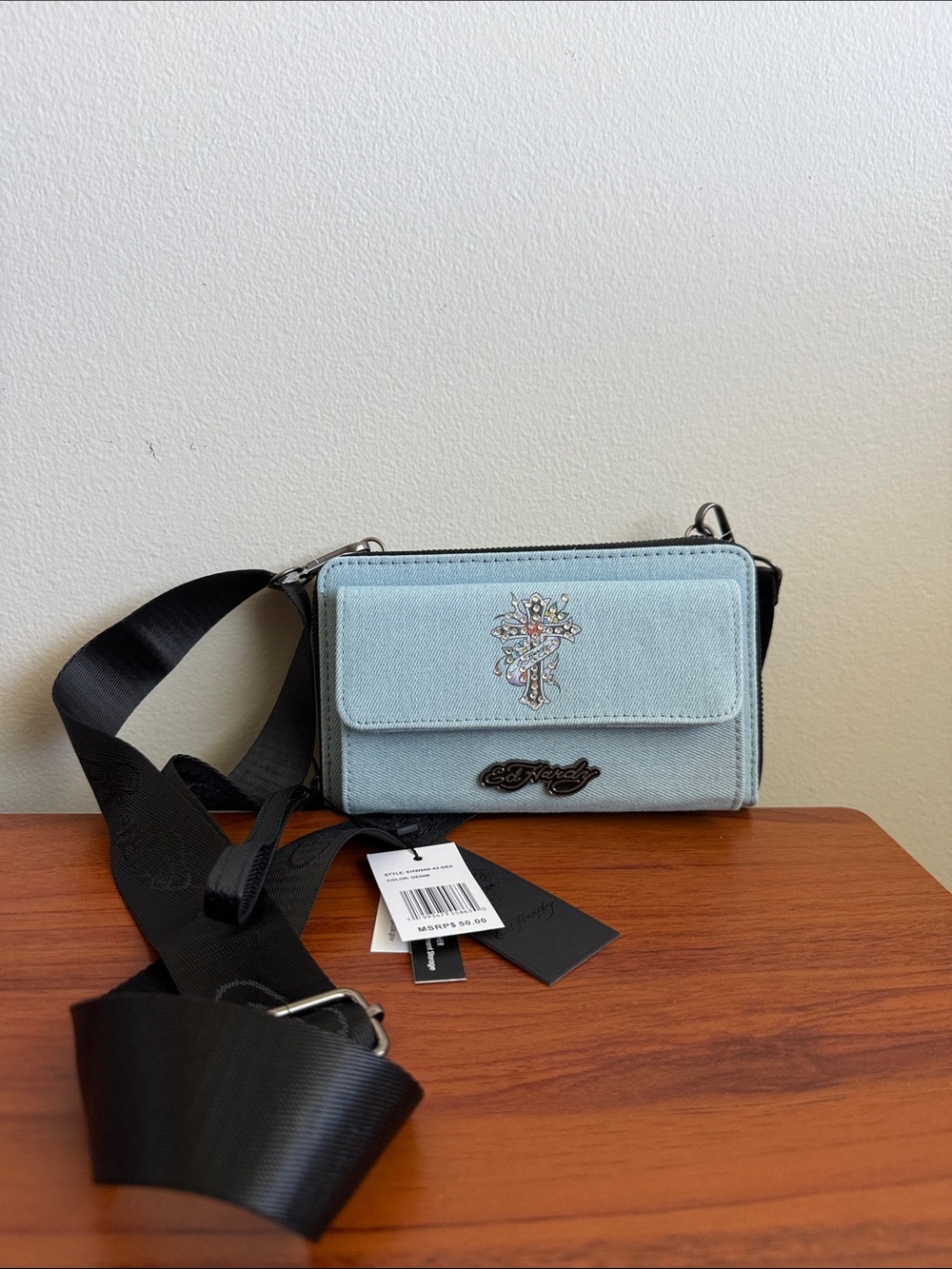Ed Hardy Powder Blue Crossbody with Cross Emblem and Black Strap